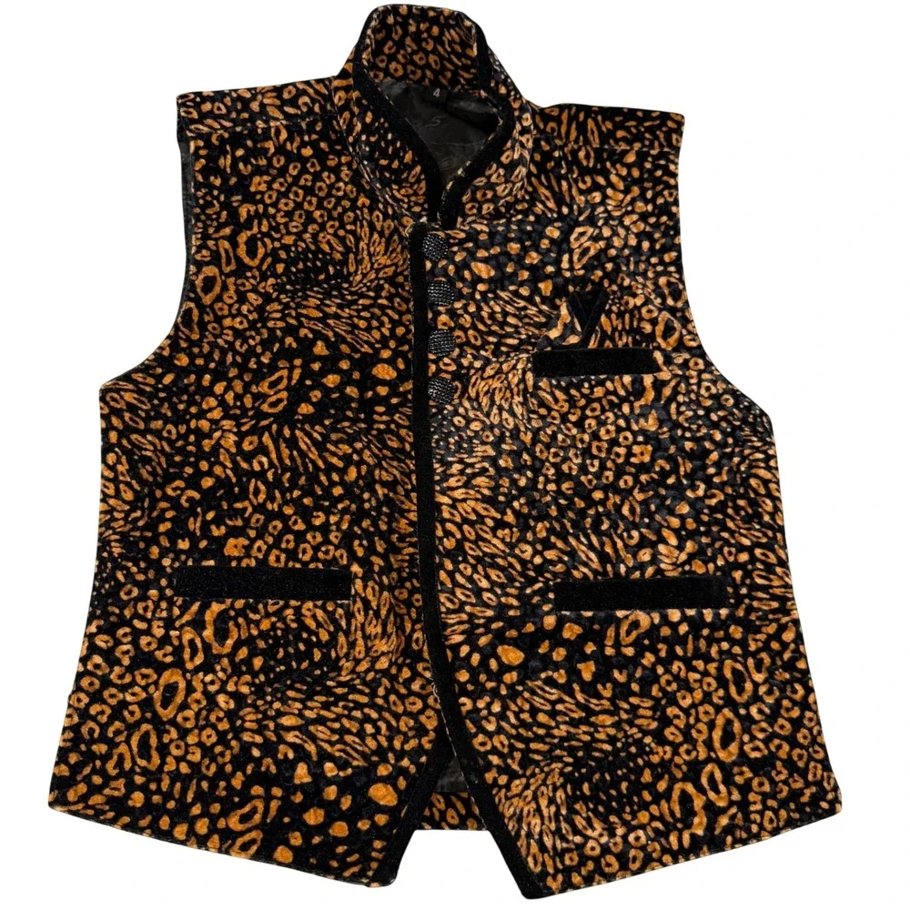 Kids Velour Leopard Print Vest Knot Button Mandarin Collar Statement Vest YS